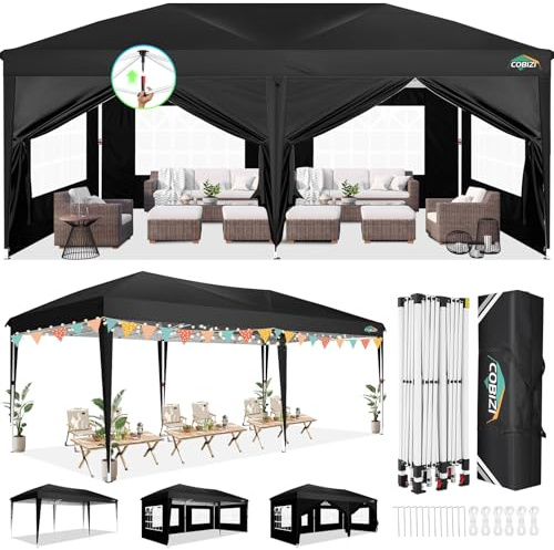 COBIZI Faltpavillon 3x6 Wasserdicht Stabil Winterfest mit 6 Seitenwänden, Outdoor Faltbarer Zelt Pavillon, Faltzelt Pop up Pavillion, UPF 50+ UV-Schutz Festzelt mit Tragetasche für Party, Schwarz