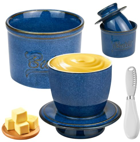 Round Butter Dish with Lid - Reactive Glaze Ceramic Bowl with Spreader, Non Slip Porcelain Keeper with Waterline for Fresh Spreadable Butter on Kitchen, Breakfast Table, Dishwasher Safe (Retro Blue)