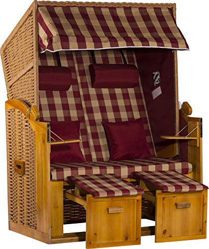 Webavita Strandkorb Ostsee | 2-Sitzer Volllieger Bausatz | Geflecht: Natur, Bezug: Rot kariert | Beach Chair für Garten Terrasse Balkon
