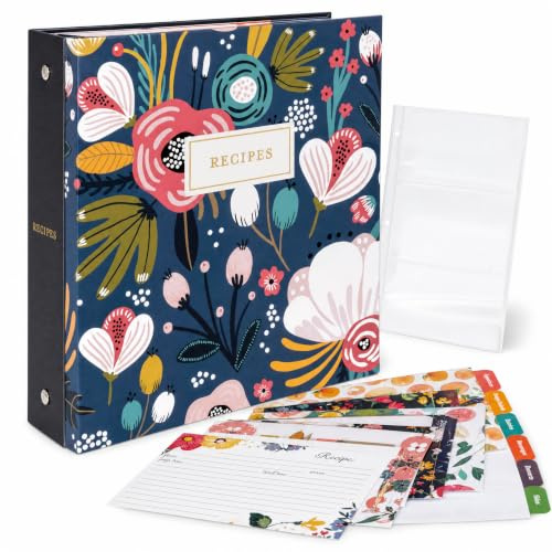 Jot & Mark Set organizer per ricette con 3 raccoglitori ad anelli (fiori da giardino), 50 biglietti per ricette da 10 x 15 cm, divisori per pagina intera arcobaleno e protezioni per pagine in plastica