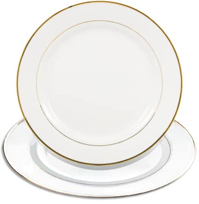 MR.R Lot de 2 assiettes blanches en céramique blanche avec bordure dorée avec support, assiettes en porcelaine, assiettes rondes de 20.3 cm, passent au micro-ondes, au four et au congélateur