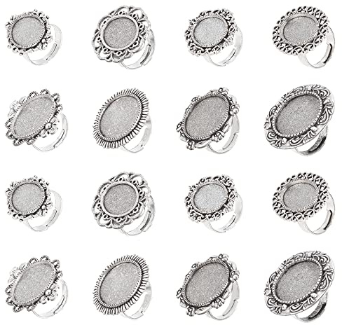 SUNNYCLUE 16 Stück 8 Stile Antiksilber Verstellbare Blanko-Blumen-Cabochon-Ringfassungen Flacher Ring & Ovale Ringkomponenten Lünette Fassungstabletts Für Frauen DIY Ringschmuckherstellung Basteln
