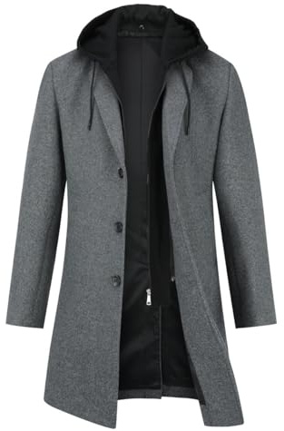 YOUTHUP Cappotto di Lana da Uomo Slim Fit Spessore Cappotti Con Cappuccio Rimovibile Elegante Invernale Trench Coat, Grigio, M