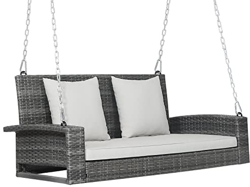Happygrill Outdoor Porch Swing Bench, 2-Person Hanging Swing Bench with Heavy Duty Frame, Patio Wicker Hanging Swing with Rustproof Chains & Comfortable Cushions for Patio Balcony Garden