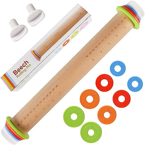 Yasashii Nudelholz aus Holz mit 4 verstellbaren Dickenringen, Antihaft-Teigrolle zum Backen, 43,2 cm Pizzaroller für Küchenbedarf, Griffpress-Design für Fondant, Pizza, Kuchenkruste, Kekse