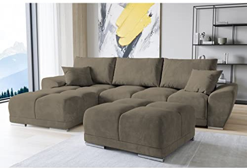 ML Furniture Ltd Set Velvet Ecksofa in L-Form 289 x 189 cm + Polsterhocker, Sofa mit Schlaffunktion, Fußhocker, Schlafsofa mit Bettkasten, Sitzpouf Farbe: Beige