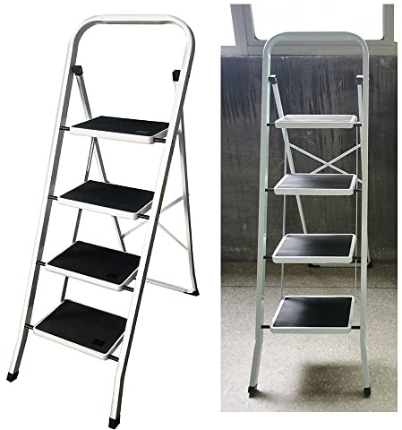 3 Stufen Trittleiter, Tritthocker Stehleiter, Klapptritt Klappbar, Klappleiter bis 150kg, Leiter mit Rutschfester Plattform, Metall Haushaltsleiter, für Zuhause Büro Garage