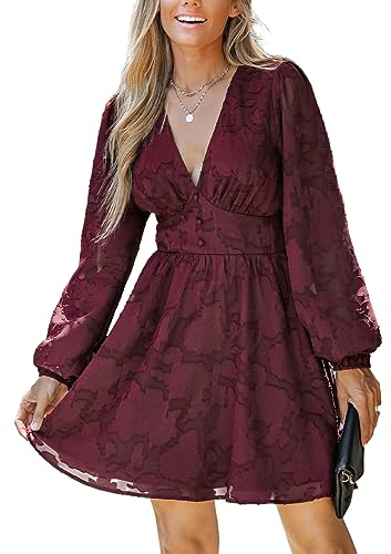CUPSHE - Abito da donna in pizzo con scollo a V, a maniche lunghe, motivo floreale, linea A, mini abito elegante per feste, tempo libero, L