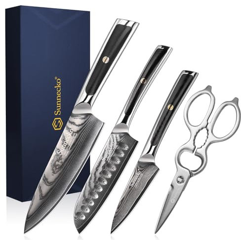 Sunnecko 4PCS Damastmesser Küchenmesser Set Profi Messer Set - 4 Teilig Damast Messer Scheren Kochmesser Messerset Damaszener Stahl Küchenmesser Küchenschere Set Kitchen Knife Set für Küche
