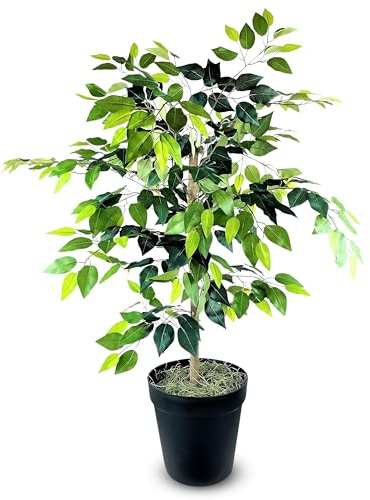 LCG Florals 4ft Ficus Tree in Black Pot with Real-Wood Trunk - Indoor and Outdoor Faux Plants for Patio, Living Rooms, Offices & Outdoor Spaces