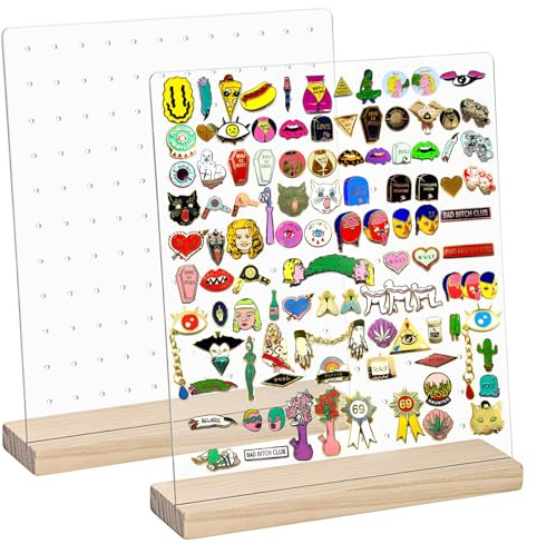 TOLIDA 2 soportes de almacenamiento de pines acrílicos de 156 agujeros, soporte de exhibición transparente para aretes con base de madera, tableros acrílicos para joyas, broches, aretes