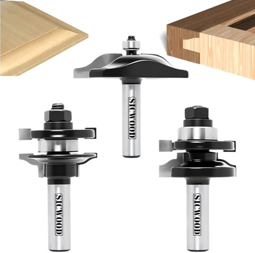 SICWOOD 3PCS Cabinet Door Raised Panel Router Bits Set 1/2 Shank, Carbide Woodworking Tools, for Making Door & Window Frames, (Tenon Joint Cutter Diameter: 1-5/8)