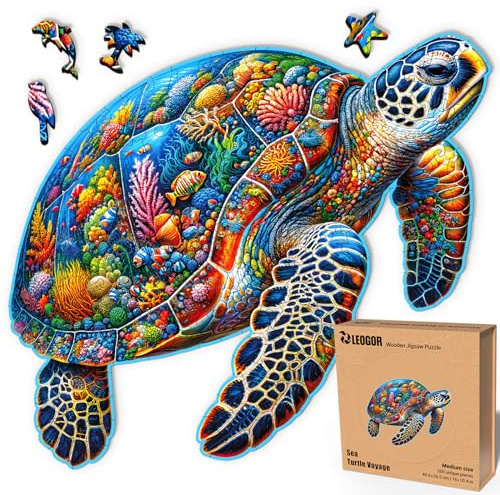 LEOGOR Holzpuzzle Erwachsene 200 Teile, 40.6 x 26.5 cm. Meeresschildkröte Motiv, Dickes 5mm Holz. Lebendiges Kunstwerk als Achtsamkeit Geschenk für Dekoration und eine entspannte Familienzeit