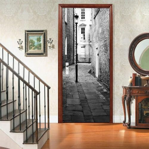 Türaufkleber Türtapete Türbilder Türposter Selbstklebend 3D Schwarz-Weiß-Straße 85 X 215 Cm Wandbild Tapete Pvc Wasserdicht Abnehmbare Wandbilder Für Schlafzimmer Haus Bad Studio Büro Dekor -6V2S-L5H4