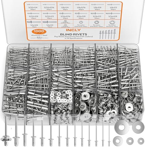 INCLY 1000PCS Aluminum Blind Rivets Assortment Kit, 14 Sizes Stainless Steel Countersunk Pop Rivets with 5 Size 304 Flat Washers, Flat Head Pop Rivets for Metal, Wood, Plastic