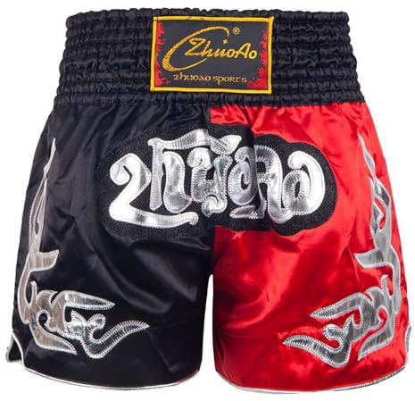Freebily Kickboxning träningsshorts barn pojke Muay thailändsk kort kampsport träning kort grappling boxning trunk shorts MMA-boxning strid, Svart och röd, 11-12 �r
