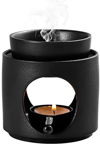 Lámpara aromática de cerámica con portavelas, lámpara de aroma, difusor de aceite y cera, calentador para aceites esenciales, cuenco extraíble (negro)
