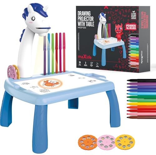 Maxlife Projecteur pour Enfants avec Table à Dessin Bleu – Projecteur Dessin Enfant avec 24 Diapositives et Feutres Colorés - Stimule l'Imagination et la Motricité - Créatif Jouet Enfant 3 ans