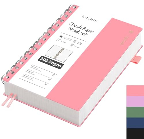 EMSHOI Notizbuch A5 Kariert, 100g/m² Papier, 300 Seiten - Rosa | Notizblock Kariert mit PVC Cover, 180° flach, Innentasche, Stiftschlaufe, für Schule, Arbeit, Zeichnen, 14.5 × 21cm