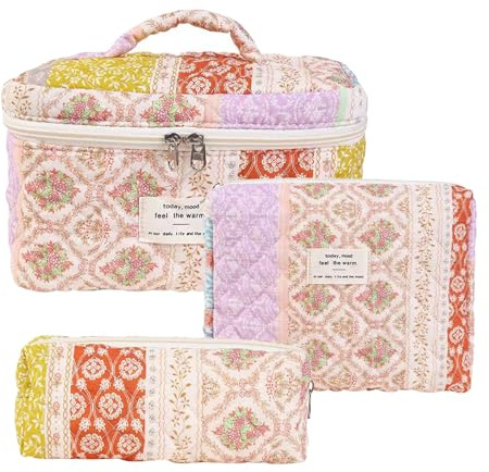 3 Stück Kosmetiktasche Damen Make Up Tasche, Gesteppte Kulturtasche Schminktasche Cosmetic Bag Mit Blumenmuster, Frisch Blumig, Tragbares Handheld, Ordentlich Und Ordentlich
