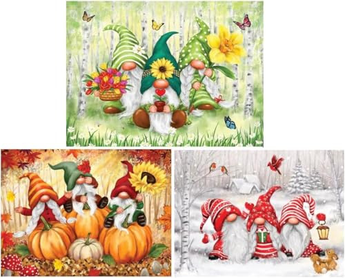 Bits and Pieces - Value Set of Three (3) - 500 Piece Jigsaw Puzzles for Adults - 500 pc Seasonal Gnomes Jigsaws Bundle by Artist Makiko - 18” x 24”
