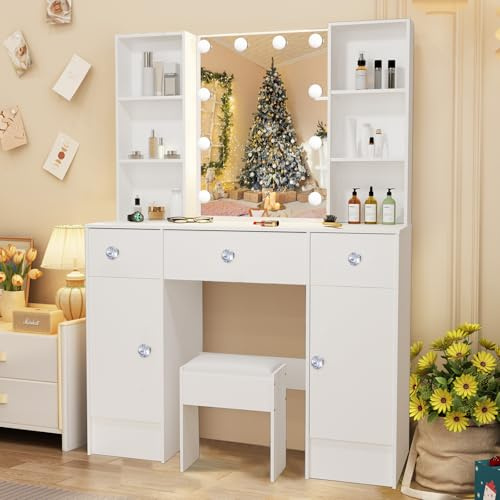 Saimeihome Tavolo da toeletta con illuminazione in 3 modalità di luce, toeletta con specchio e sgabello, grande tavolo cosmetico con cassetti e ripiano per camera da letto 100 x 40 x 140 cm, SW66