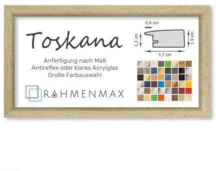 RahmenMax® Toskana Bilderrahmen Bildmaß 40x100 cm zum Aufhängen/Maßanfertigung möglich/MDF Posterrahmen in Sand gewischt mit Acrylglas Antireflex/Puzzle Rahmen