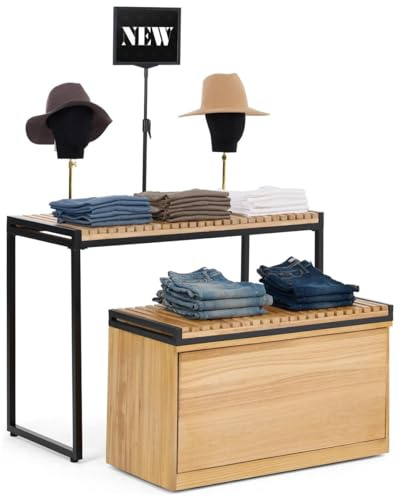 Displays2go Retail Display Nesting Tables, Rectangular, Slatted Pine Wood- Natural Finish (SMWMNTSTORN)