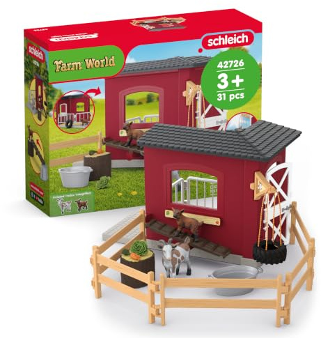 schleich Farm World | Ziegenstall 42726 | ab 3 Jahre | 31 Teile | Set inkl. Stall, Ziege, Zicklein, Zaun & Zubehör | detailgetreue Tierfiguren | Geschenk für Kinder | Bauernhof Spielzeug