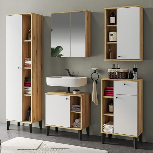 Lomadox Badmöbel-Set 5-teilig mit Waschbeckenunterschrank 60 cm, Spiegelschrank, in Eiche und weiß, modern