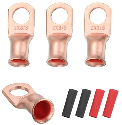sourcing map 4pcs 2 AWG M10 Battery Lugs Ring Terminals, 3/8 10mm Gold | Stud Crimp Wire Terminal Connector End Copper, 2:1 Heat Shrink Tubing