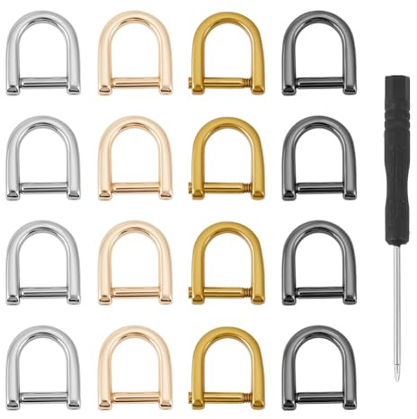 DELORIGIN 16 anneau en D en Alliage 4 couleurs 0.5 anneaux en D de Rechange Vissé dans la Manille Crochets en D avec 1 mini Tournevis pour Sac à Main Bricolage Cuir Artisanat Laisse Porte Clés