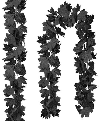 CQURE 2 Pack Artificial Autumn Fall Maple Leaf Garland, 5.9Ft/Piece Hanging Vine Artificial Autumn Foliage Garland Thanksgiving Decor for Home Wedding Fireplace Party Christmas(Black)