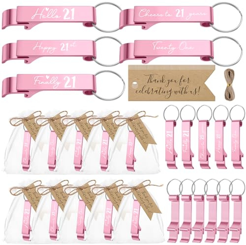 Dandat 25 Sets 21st Birthday Party Favors for Guests 4 Styles Beer Opener Keychain Finally 21 Bottle Opener Keychain Thank You Tags with Bags and Rope Anniversary Party Supplies (Pink)