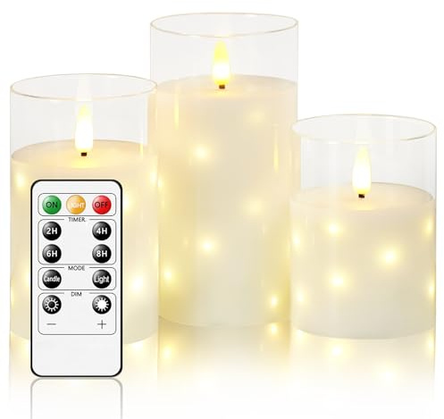 LED Flameless Candles, Built in Hidden String, Battery Candles Flickering Set, Glass Real Wax, 11 Key Remote Control and 24 Hour Timer(White)