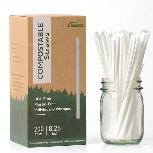 JENCENBIO Compostable Drinking Straws 21 cm Long, 6 mm Wide Individually Packed PLA Straws, White Drinking Straws, Pack of 200