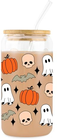 CharmBurst Halloween Bicchiere in Vetro con Coperchio e Cannuccia, 16oz Motivo Zucca Fantasma Teschio, Spooky Bicchiere da caffè ghiacciato, Coppa da Bere Autunnale Regalo per Donne Adolescenti