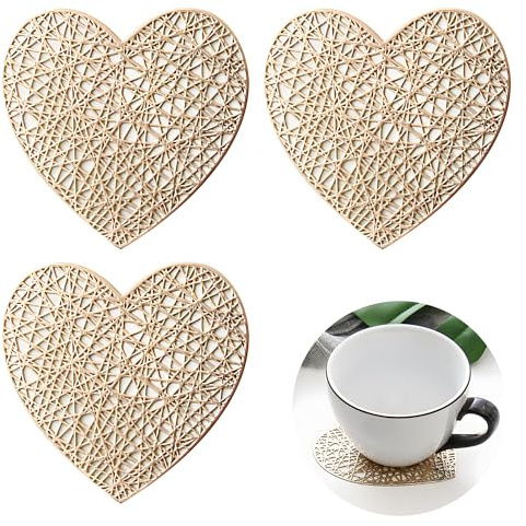 3 Pcs Heart-shaped Coasters for Drinks, Gold PVC Thin Heat-Resistant Coaster Set, Small Drink Coaster forTable Mat Home Decor Tabletop Protection for Kinds of Cups