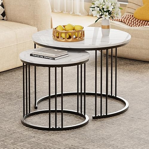 Garden 4 you Couchtisch Rund, Satztisch 2er Set, Wohnzimmertisch Modern, Couchtisch aus Holz, Beistelltisch Set Rund, Kaffeetisch, Sofatisch, Tischkombination fürs Wohnzimmer Büro Balkon (Schwarz)