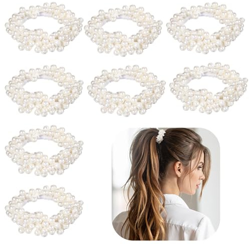 8 PCS Pearl Hair Scrunchie, White Pearl Hair Ties, Elastic Pearls Ponytail Holder, Elegant Stylish Hair Accessories for Women and Girls