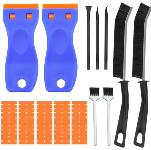 Cleaning Plastic Scraper Tool with 2PCS Scraper and 50PCS Plastic Scraper Replacement Non Scratch Kits, 2 Slim Crevice Brushes, 3 Black Scraper pens, 2 Small Brushes for Removing Label Wall Paper