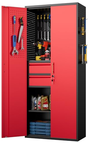 Aobabo Metall-Aufbewahrungsschrank mit 5 Stecktafeln und 2 Schubladen, 180 x 76 x 38 cm, abschließbarer Stahl-Werkzeugschrank für Garage, Lager, Montage erforderlich (N-2 Schublade, Schwarz Rot)