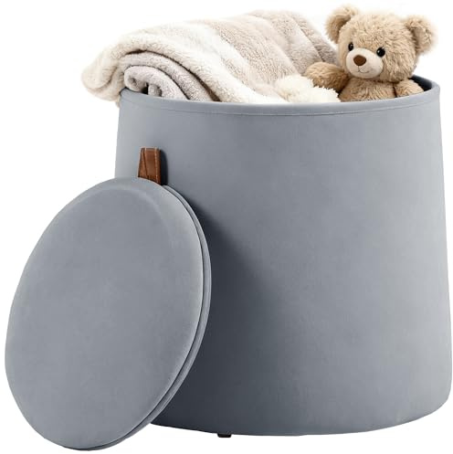 HOMCOM Pouf Coffre Rangement, Tabouret Rond avec Couvercle réversible, Pouf Repose-Pieds en Tissu Velours givré, pour la Chambre à Coucher, entrée, Salon, Charge 150 Kg, Ø 44 x 47,5 cm, Gris