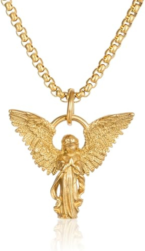 Collier avec Pendentif d'Ange Gardien Charmant, Chaîne Vintage Religieuse Hip Hop en Acier Titane pour Femmes et Hommes, Bijoux de Mode Tendance Cadeau