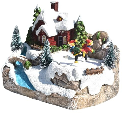 Joygoodta Julby hus LED-lampor söt musik julhus med roterande skidåkning barn batteridrivna och uppladdningsbara för barn vuxna, 16 x 10 x 14 cm prydnader