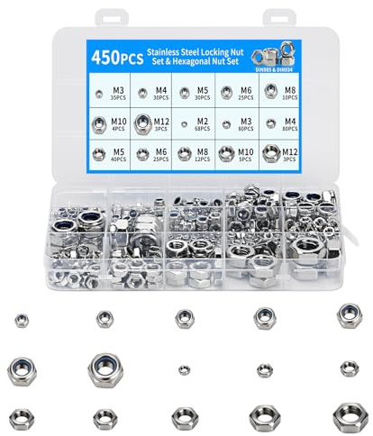 450 Stück Selbstsichernde Muttern Set, Edelstahl Sicherungsmuttern | Sechskantmuttern mit Nylon für Schrauben Bolzen Gewindestange, M2 M3 M4 M5 M6 M8 M10 M12