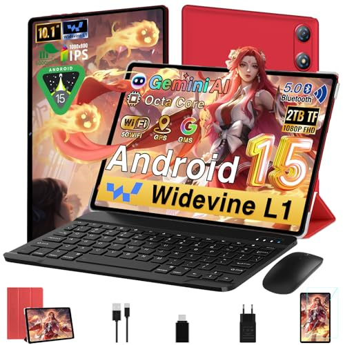 Tablet Android 15 Tablet 10 Pulgadas con Gemini AI, 64GB ROM (TF /2TB), Octa-Core, GMS Certificación, Widevine L1, 5GWiFi, Bluetooth 5.0, 5MP+8MP, 1280*800 FHD IPS, Tablet con Teclado y Ratón - Rojo