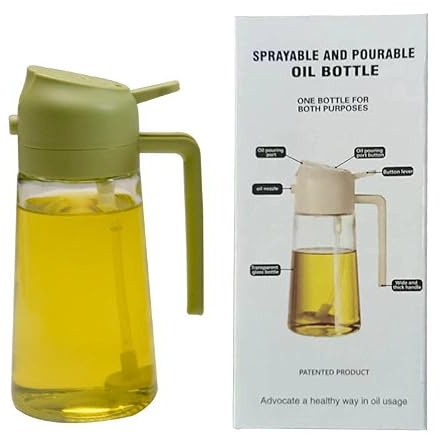 2 in 1 Glass Oil Sprayer and Dispenser Bottle, 470ml, Glass, PP, Stainless Steel and Silicone, for Cooking and Grilling