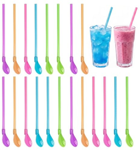 Ceeyoll 20 Stück 2 en 1 Cuillère à Paille Réutilisable, Plastique Paille | Paille à Détachables,Cuillères à Paille Plastique Coloré, pour Smoothies Laits Frappés Cocktail