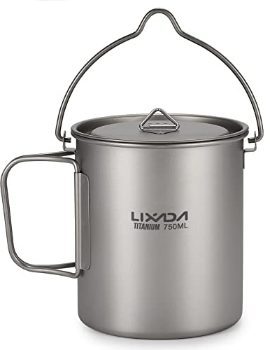 Lixada Titanium Cup Töpfchen, Ultraleicht, tragbar, zum Aufhängen, mit Deckel und Griff, faltbar, für Camping, Outdoor, Wandern, 900 ml